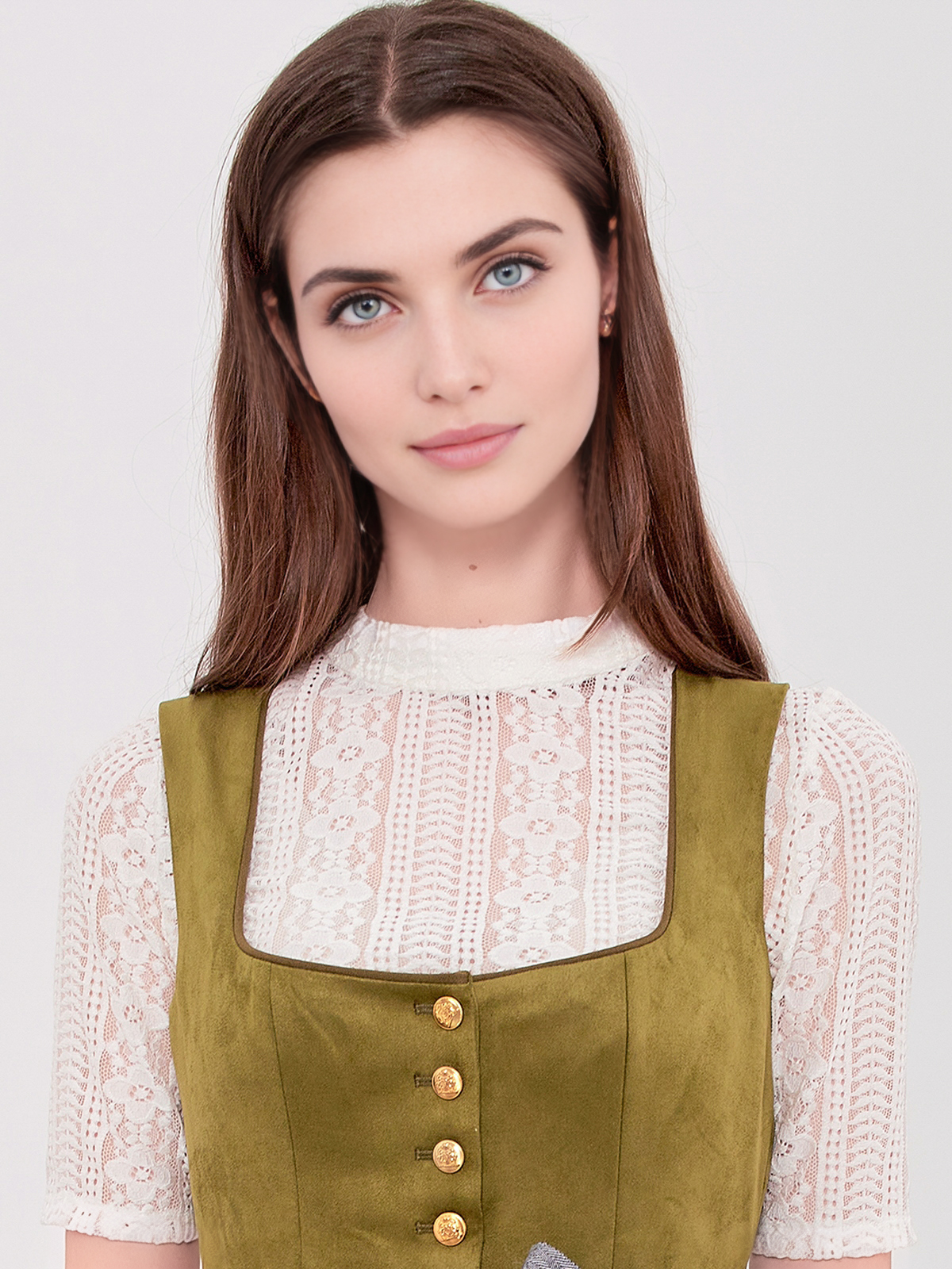 Samt Dirndl in Beige mit grünen Akzenten